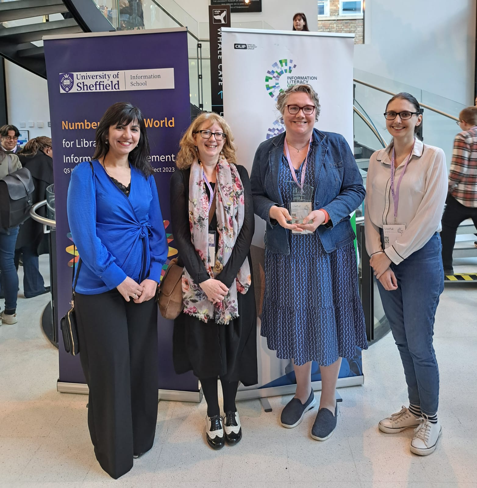The winner of the Information Literacy Award 2023, Louise Speakman, with the award judges, Dr Konstantina Martzoukou, Clare Trowell and Katie Wise